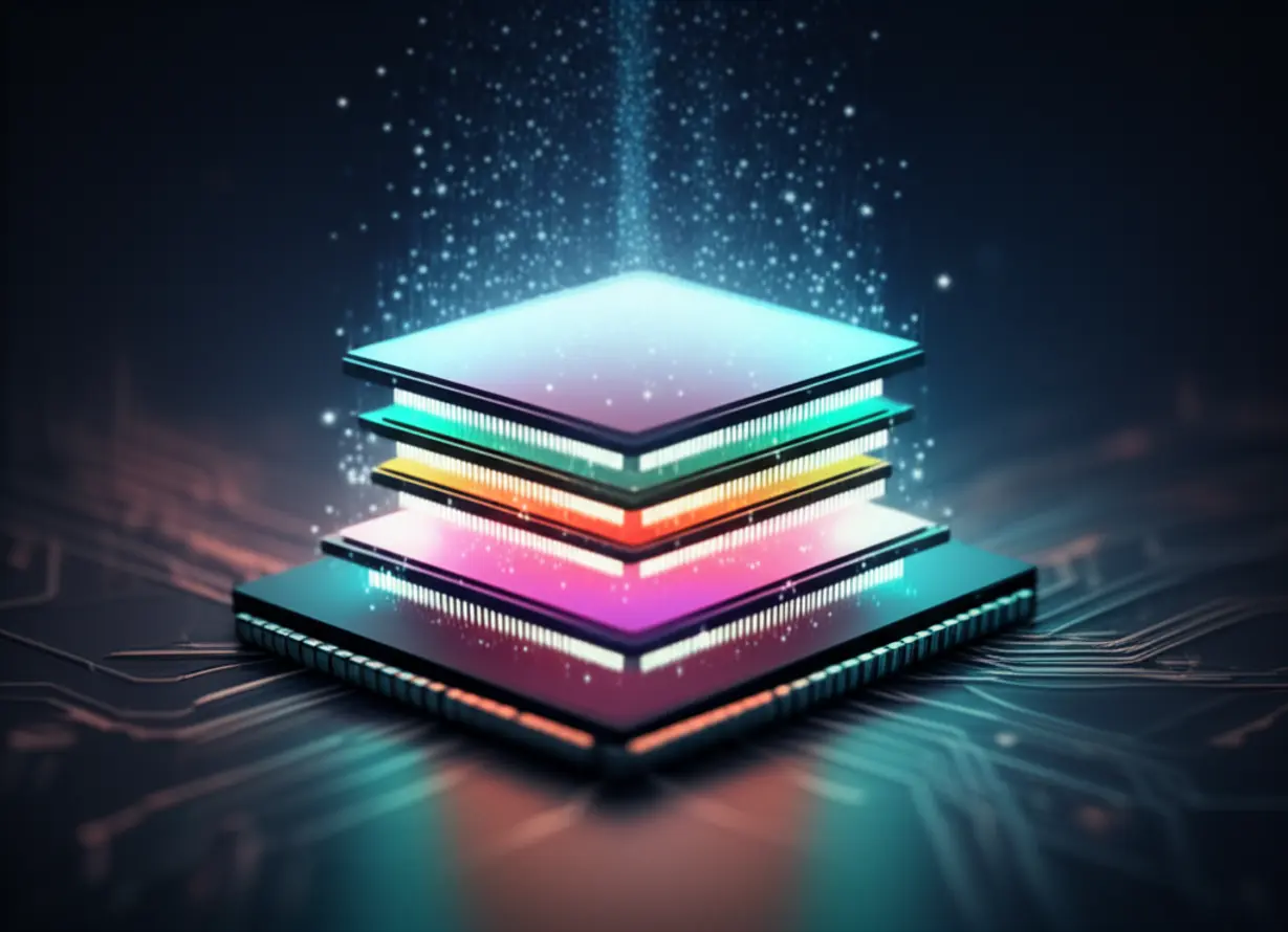 데이터-흐름을-상징하는-빛-입자에-둘러싸인-귀여운-3D-고대역폭-메모리-(HBM)-칩.-삼성전자의-핵심-기술력을-나타내는-이미지.