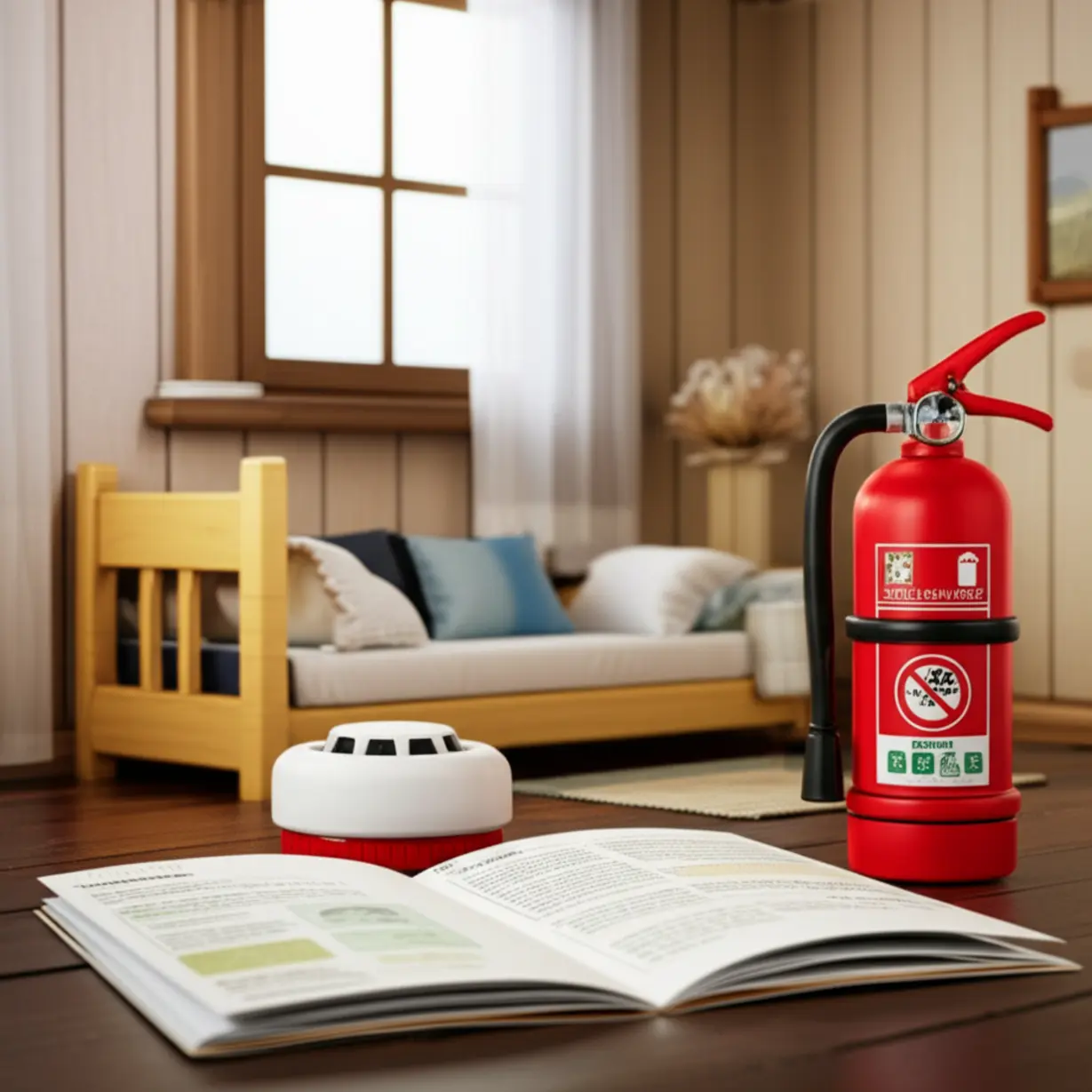 깨끗한-민박집-방-안에-놓인-소화기와-화재경보기,-비상-대피-안내문-등-필수-안전-설비.