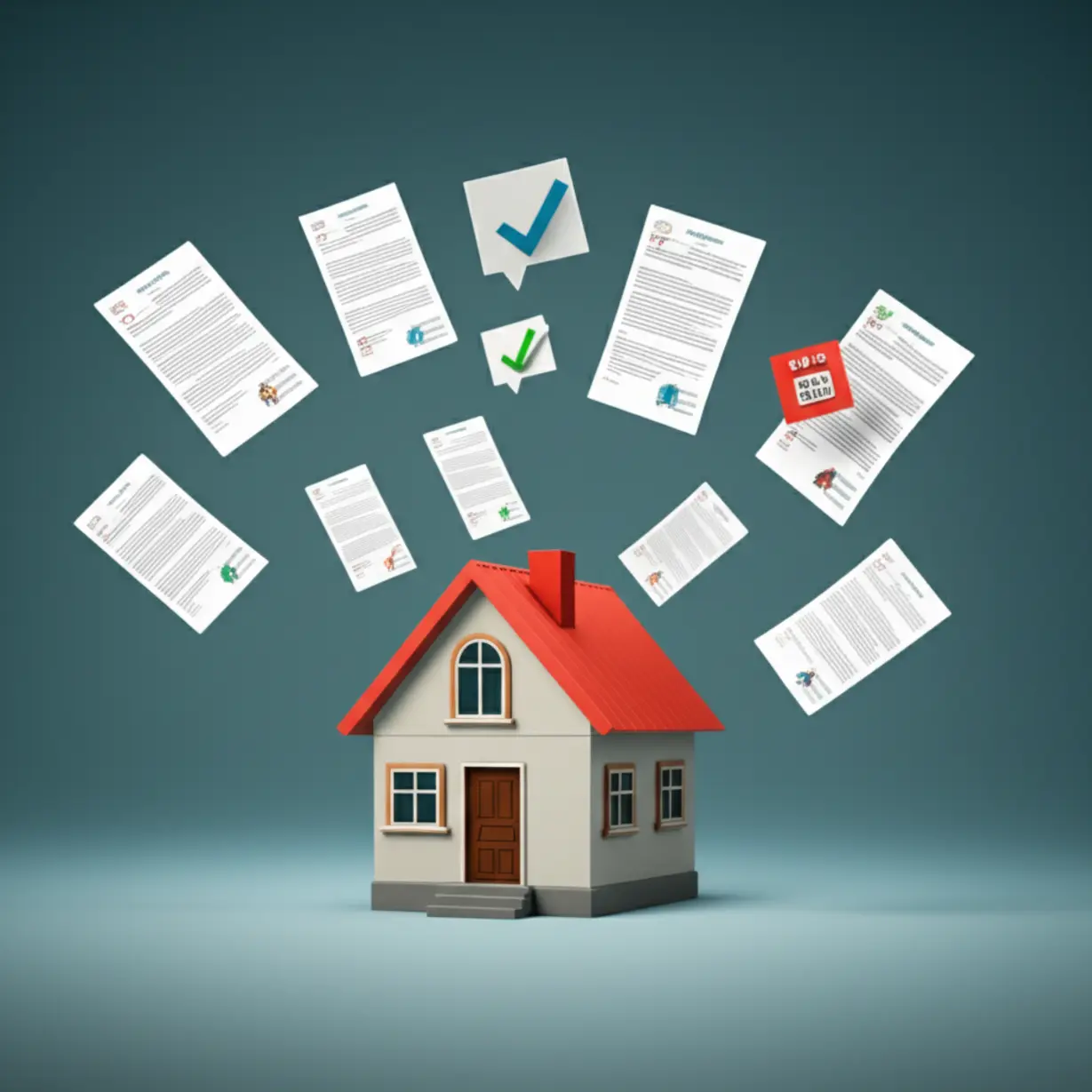 집-주변에-서류와-체크리스트가-떠다니는-귀여운-3D-주택-이미지.-1억-원-이상-전세퇴거자금대출을-받기-위해-임대인이-지켜야-할-늘어난-의무-사항들(전입신고,-보증보험-등)을-시각적으로-나타냅니다.