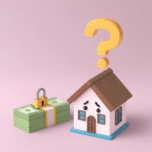 귀여운-3D-작은-집과-돈뭉치-옆에-떠-있는-물음표-이미지.-바뀐-전세퇴거자금대출-규정-때문에-보증금-반환에-대한-집주인-고민을-상징하며,-전세사기-오해를-피하기-위한-정보의-중요성을-나타냅니다.