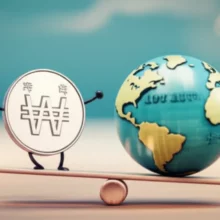 원달러-환율-1430원-돌파-상황을-표현한-귀여운-3D-원화와-달러-동전,-지폐.-글로벌-경제-불안정과-코스피-주식-시장-영향을-시사하는-이미지.