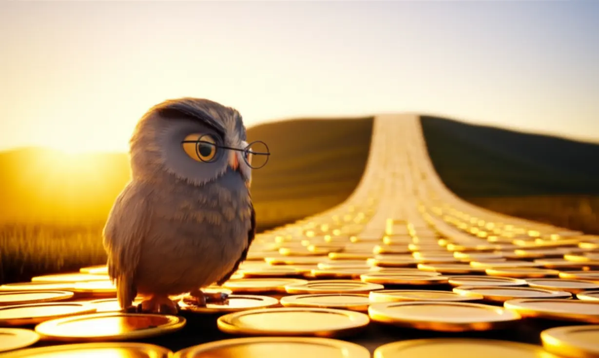 먼-미래를-내다보는-현명한-부엉이-캐릭터가-황금-동전-길을-바라보는-모습.-삼성전자-주가-장기적-상승-전망을-상징하는-이미지.