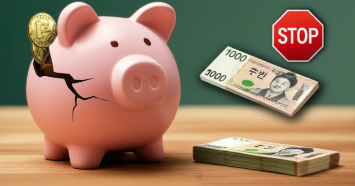 희망저축계좌2-중도-해지-시-정부-지원금-손실을-상징하는-금이-간-3D-저금통과-사라지는-돈다발
