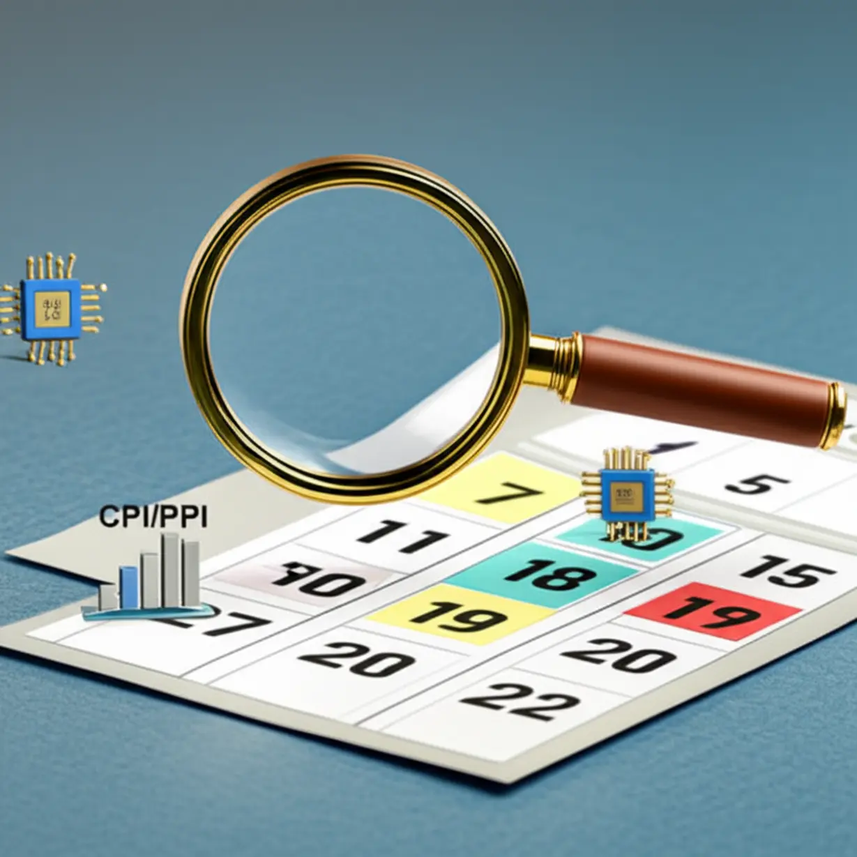 주요-경제-지표-확인과-현명한-투자-전략을-위한-귀여운-3D-돋보기와-달력,-그래프.-미국-CPI와-반도체-실적-발표-등-중요한-경제-정보를-상징하는-이미지.