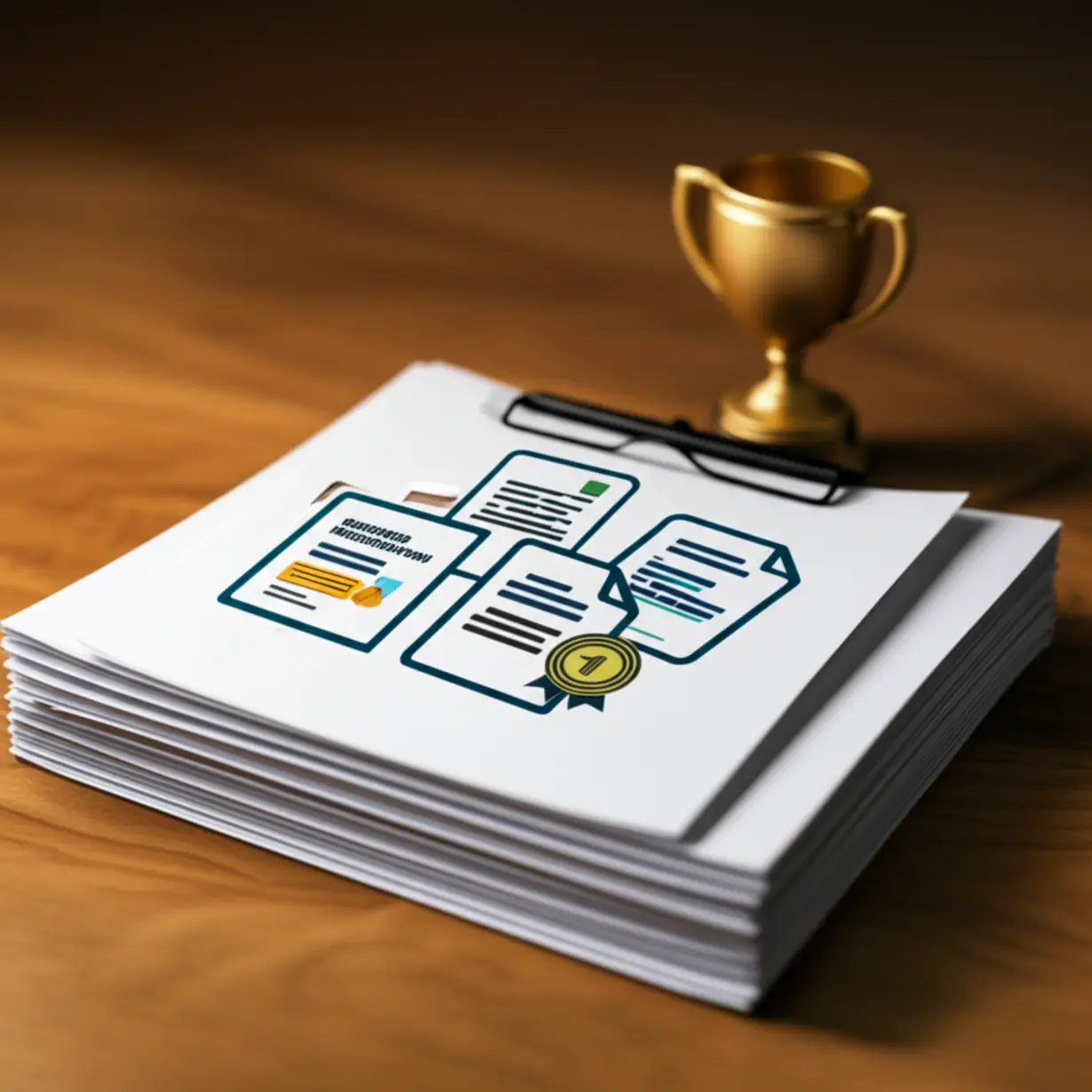 사업자-대출-신청을-위한-서류와-우대-조건을-나타내는-트로피가-깔끔하게-정돈된-모습을-보여주는-귀여운-3D-이미지.