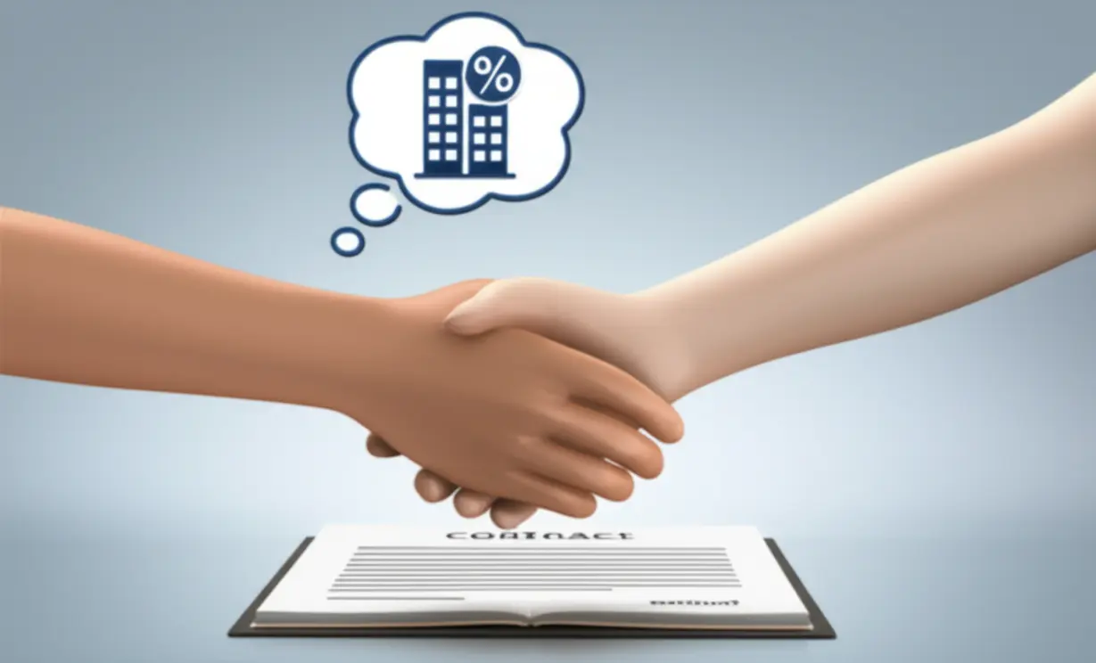 계약서-위에서-악수하는-추상적인-두-손과-할인-기호가-있는-건물-모양의-귀여운-3D-이미지,-교통유발부담금-분쟁-예방-및-감면-혜택을-설명
