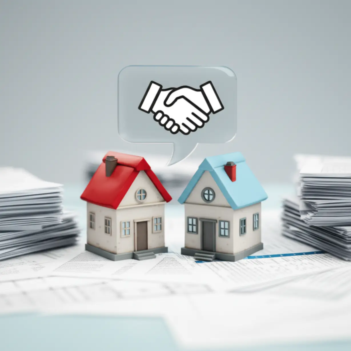 두-개의-귀여운-3D-주택과-악수-아이콘이-있는-말풍선-이미지가-함께-있는-모습.-전세사기-오해를-예방하기-위한-집주인과-세입자-간의-현명한-소통과-퇴거자금-마련-계획의-중요성을-상징합니다.
