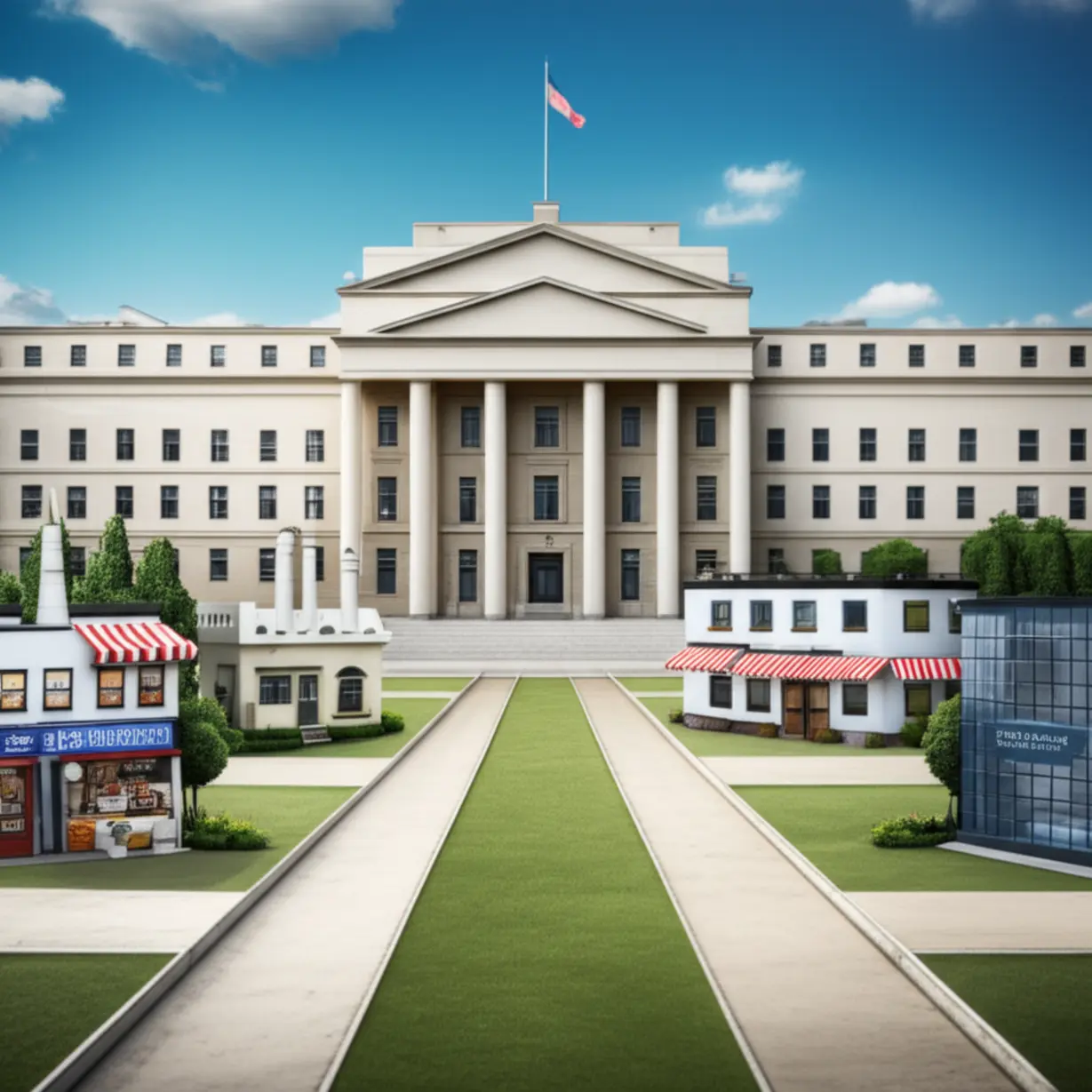 다양한-중소기업으로-이어지는-길을-가진-정부-건물을-보여주며,-중소기업-정책자금의-폭넓은-지원을-나타내는-귀여운-3D-이미지.