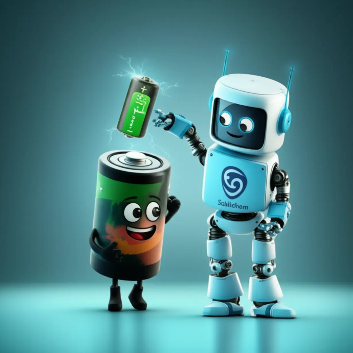헌-폐배터리가-로봇에-의해-새것처럼-바뀌는-귀여운-모습.-폐배터리-재활용-기업-새빗켐의-역할과-리튬-추출-기술을-상징적으로-보여주는-이미지입니다.