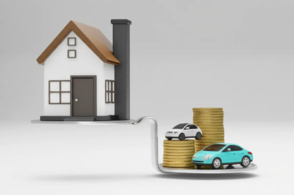한부모가정-재산기준을-나타내는-3D-집,-자동차,-동전-저울-이미지입니다.-재산-합산-및-평가-과정을-상징합니다.