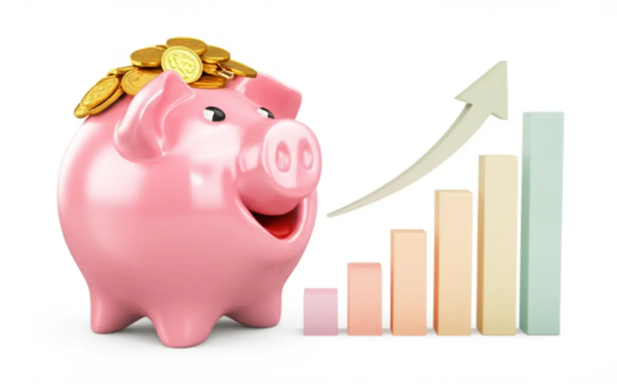 밝게-웃는-저금통이-금화를-가득-담고-있고,-옆에는-실적-상승을-보여주는-차트가-있는-이미지.-삼성전자-실적-호조.