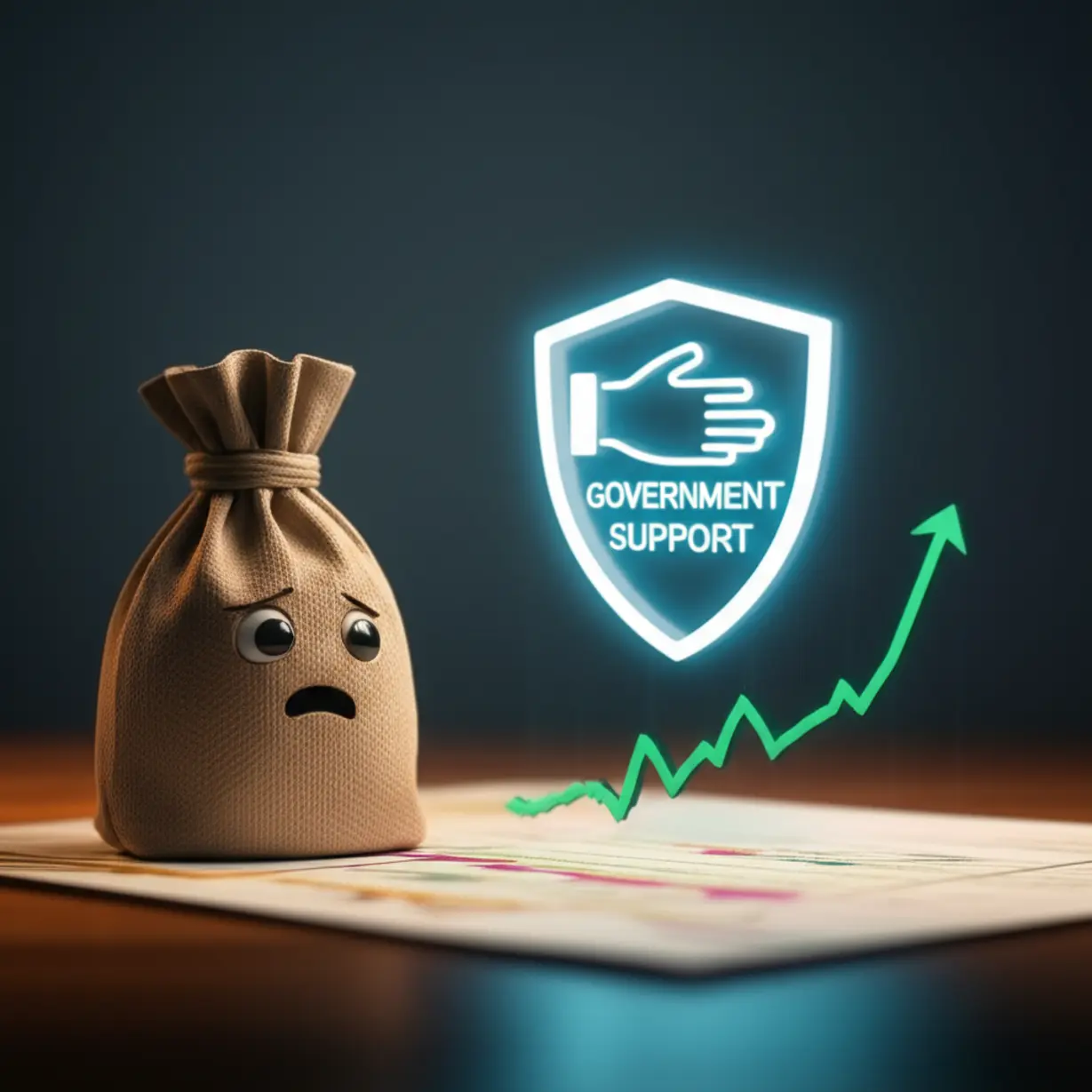 어려운-재정-상황을-보여주는-그래프와-함께-정부-지원을-나타내는-아이콘이-등장하여-사업자대출-고민을-해결하는-모습을-표현한-귀여운-3D-이미지.