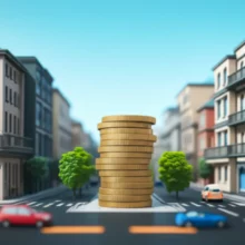 도심-속-도로와-건물이-조화롭게-어우러진-귀여운-3D-이미지,-교통유발부담금-납부-대상-건물과-도로-혼잡-완화를-상징하는-모습