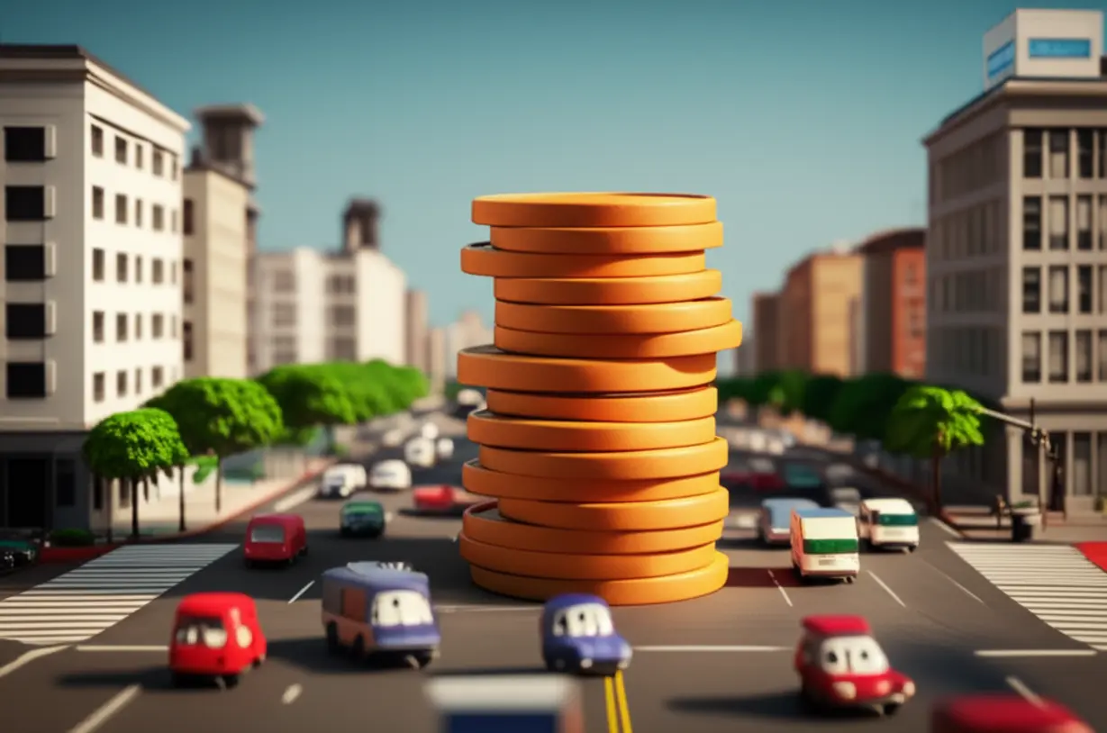 교통-혼잡을-나타내는-바쁜-도시-교차로-옆에-놓인-동전-더미의-귀여운-3D-이미지,-교통유발부담금의-개념을-시각적으로-설명