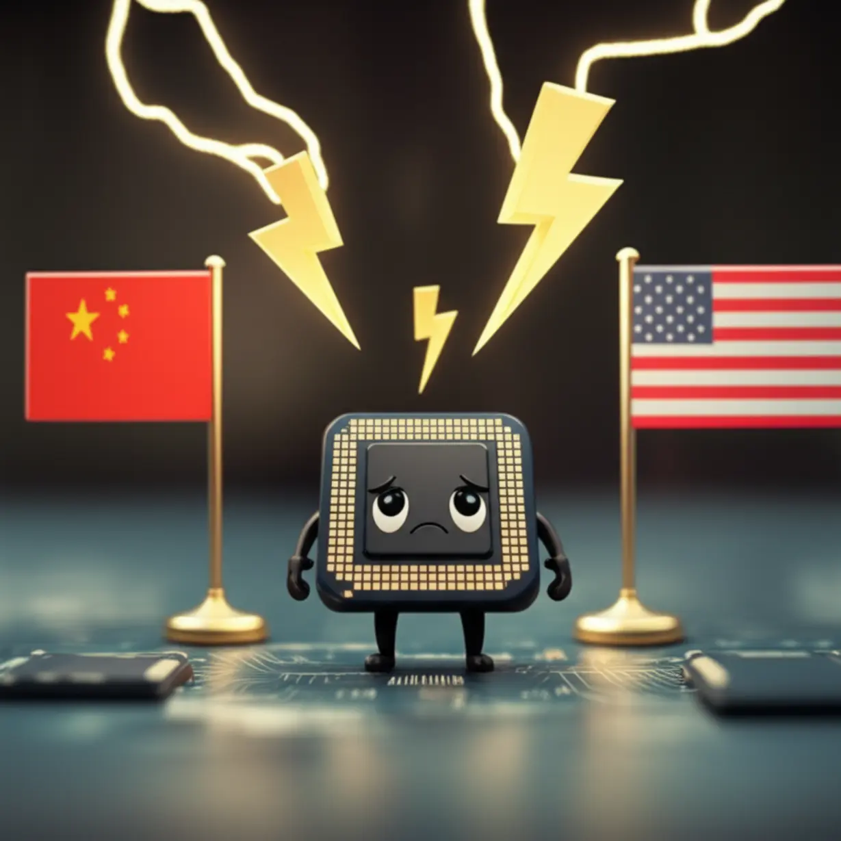 미중-갈등-속-불안한-반도체-칩과-주식-시장을-나타내는-3D-이미지입니다.-미중-무역-전쟁,-반도체-주가-하락,-SK하이닉스,-삼성전자-주가-급락을-상징적으로-보여줍니다.