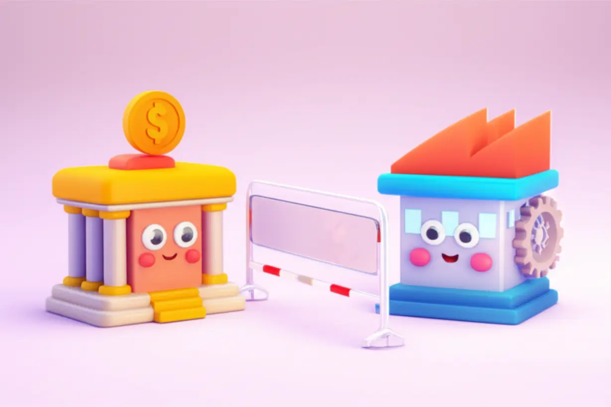 금융과-산업이-분리되어-있는-모습을-나타내는-귀여운-은행-건물과-공장-건물.