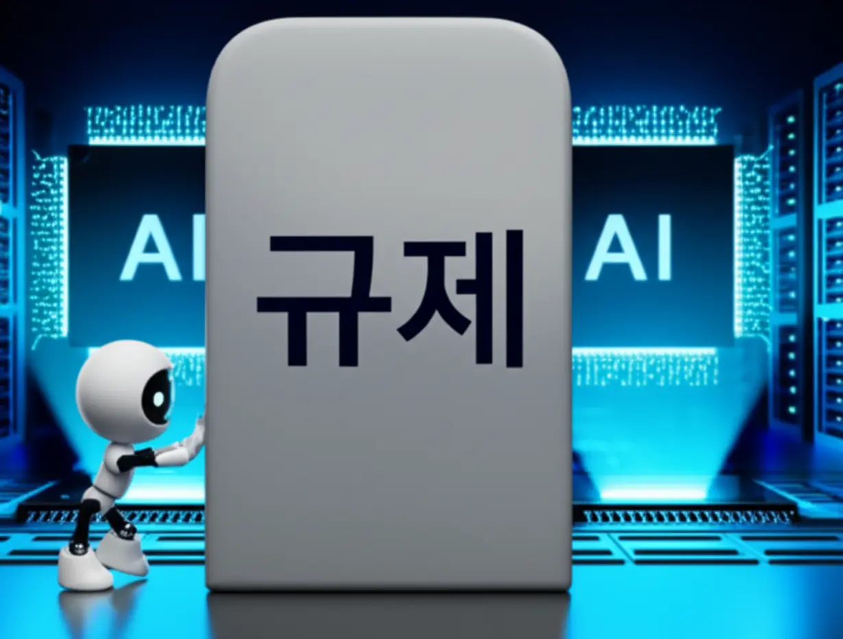 AI-산업-발전의-걸림돌인-규제를-나타내는-귀여운-로봇과-블록-형태의-규제-장벽.
